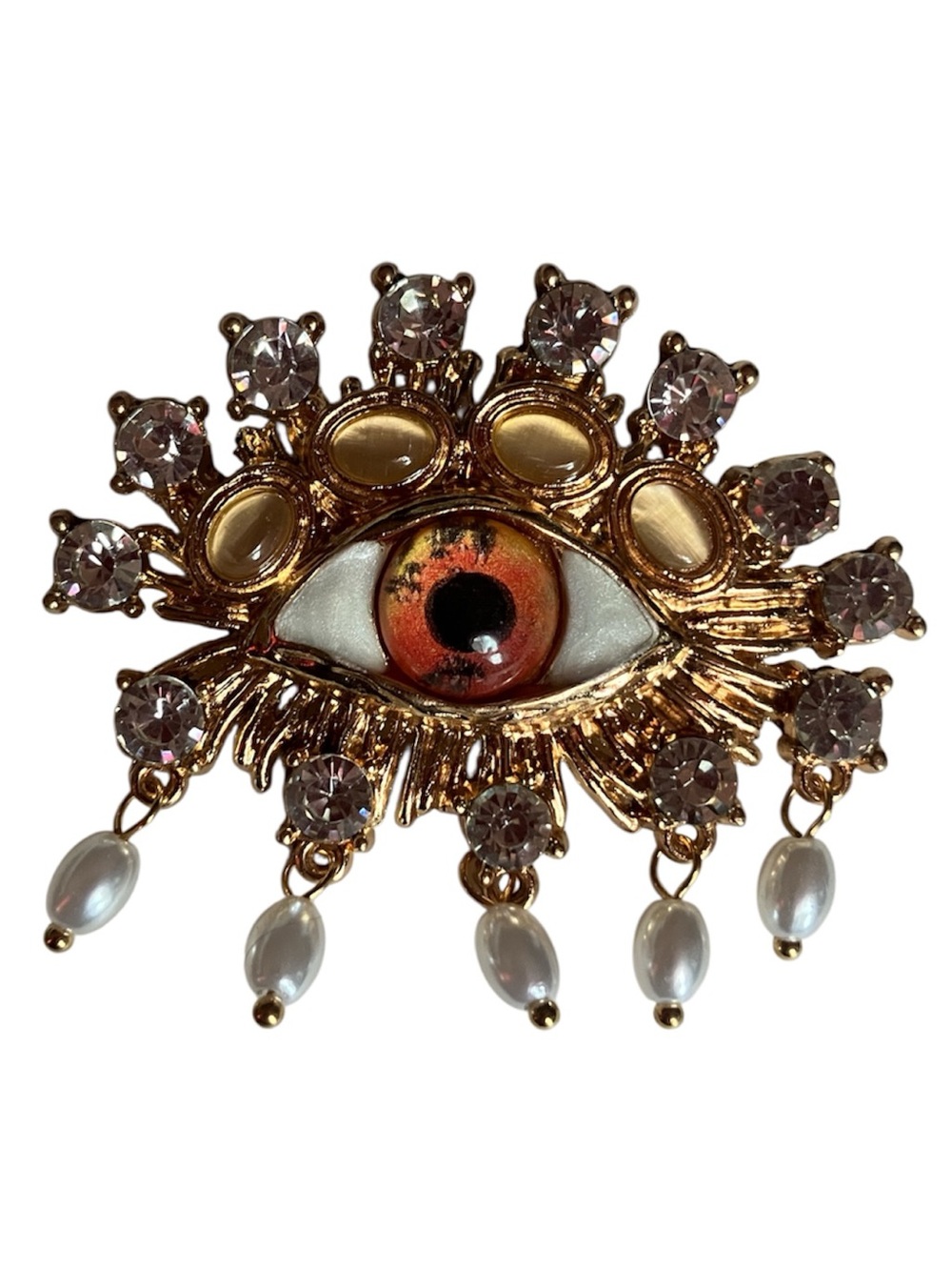 New Gold-Tone Orange Red Statement eye Brooch with Crystal & Pearl Drops - Picture 4 of 8